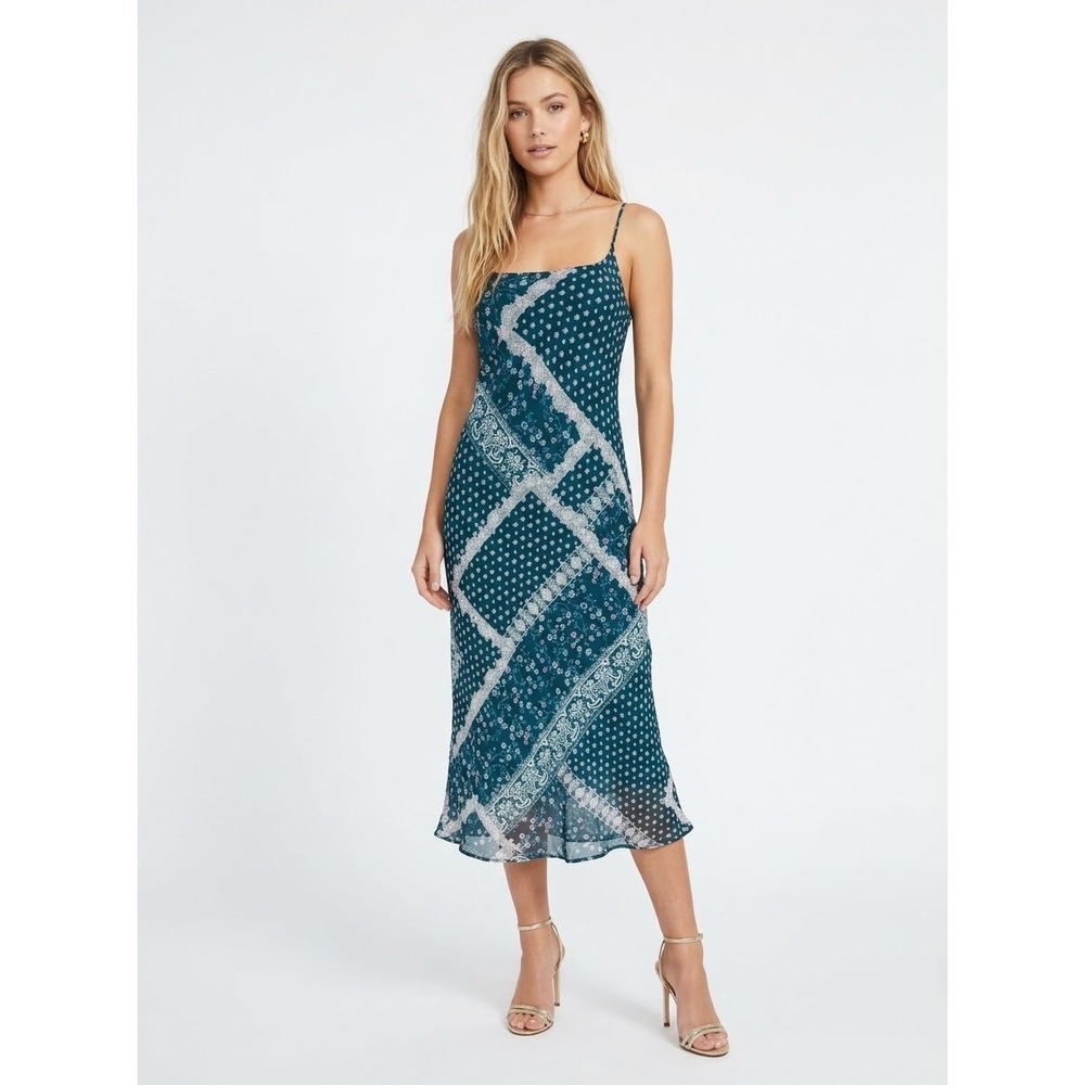 Lulus Teal Blue Patchwork Floral Paisley Midi Slip Dress Medium Boho Party
